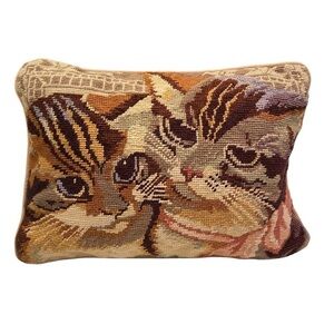 Cat Hand Embroidered Needlepoint Pillow Rectangular Velvet Backed.  Vintage